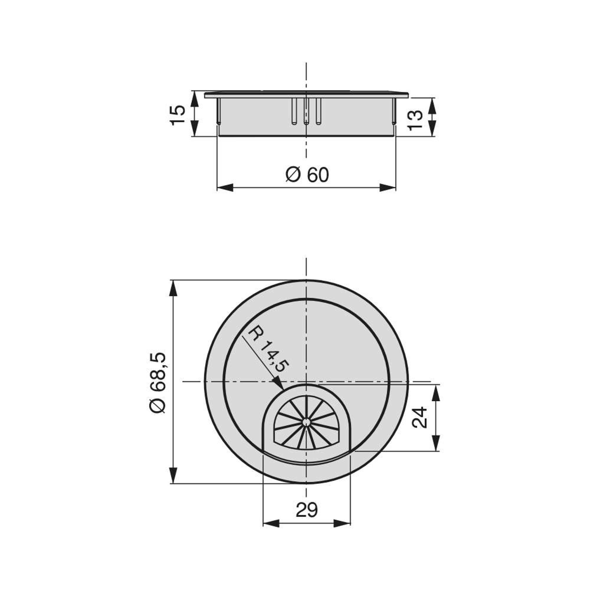 Emuca Tapa pasacables circular, D. 60 mm, para encastrar, Zamak, Cromado