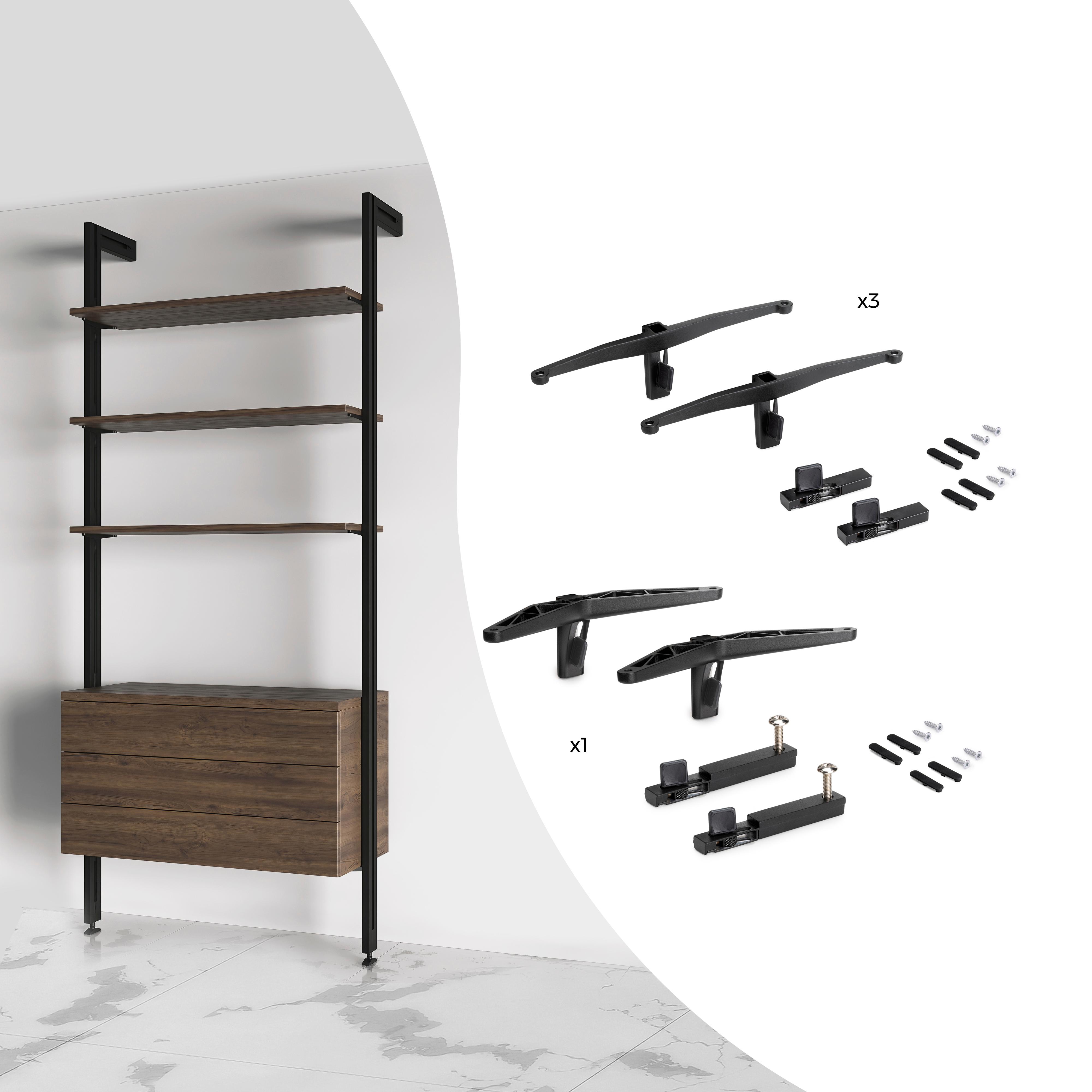 Emuca Kit de fixation pour 3 étagères en bois et 1 module pour structure  Zero, Zamak, Peint en noir texturé