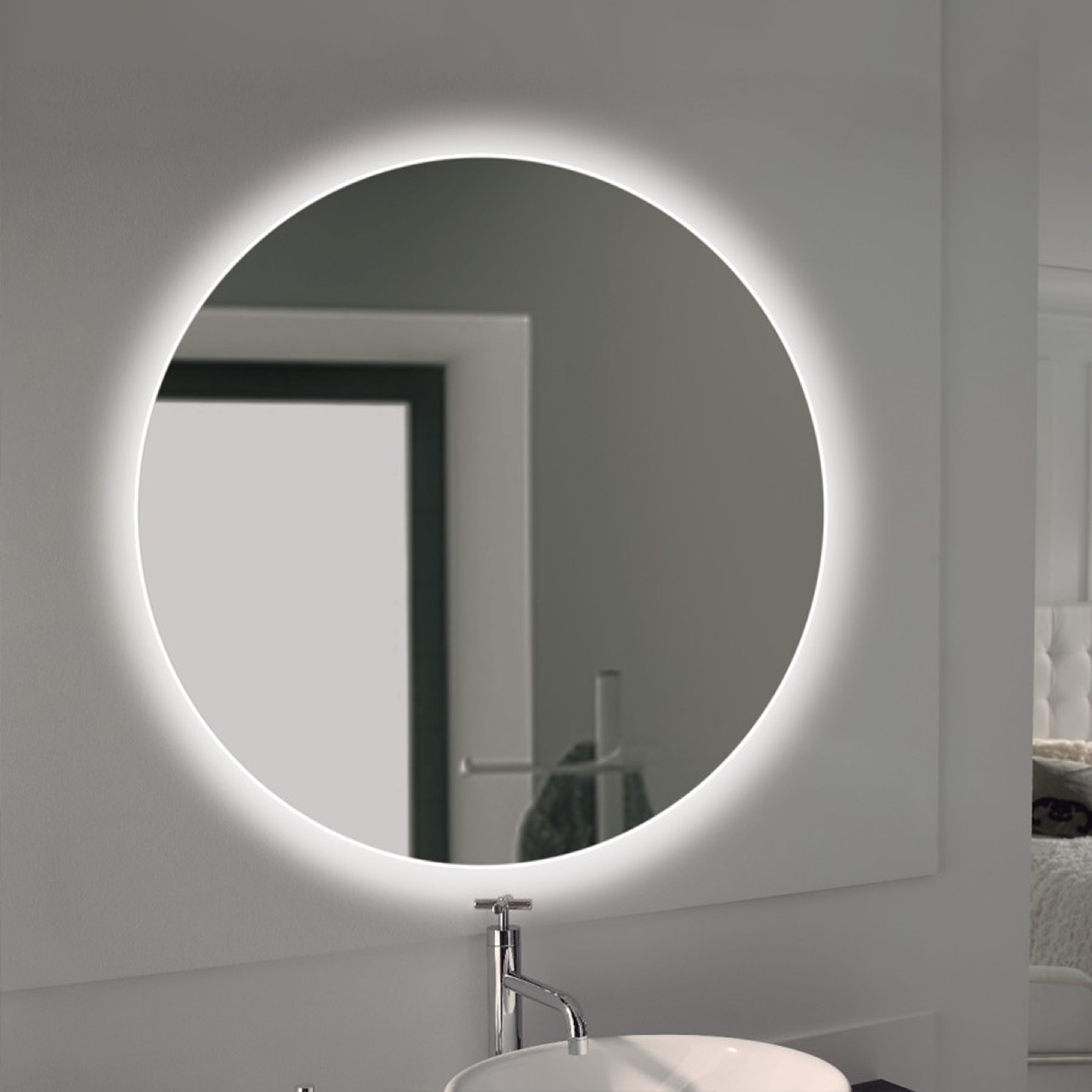  Miroir de salle de bain Cassiopeia avec eclairage decoratif a LED, diametre 60 cm, AC 230V 50Hz, 20 W + 12 W, Aluminium et Verre.