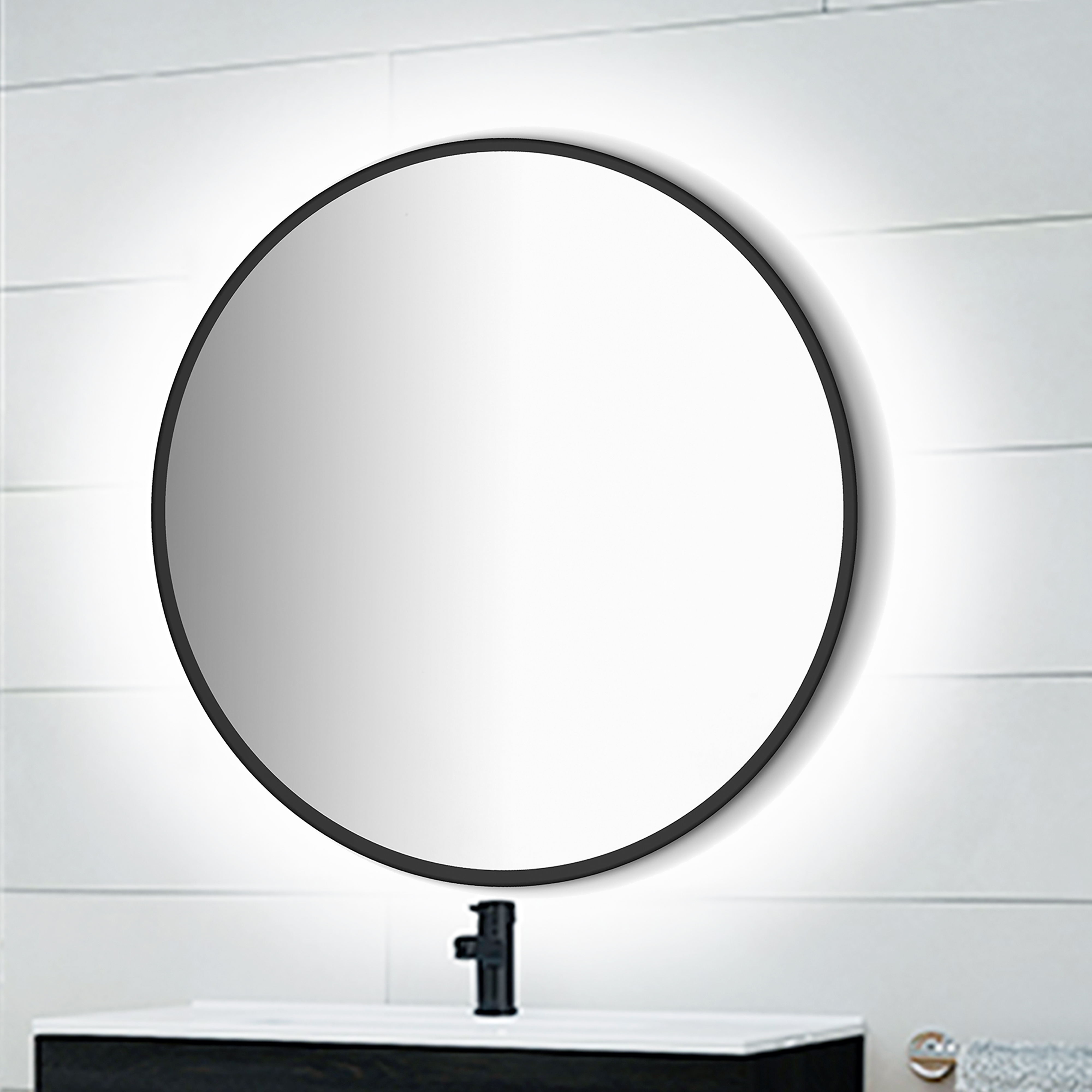  Miroir Zeus avec eclairage decoratif a LED et cadre noir, diametre 80 cm, AC 230V 50Hz, 12 W, Aluminium et Verre
