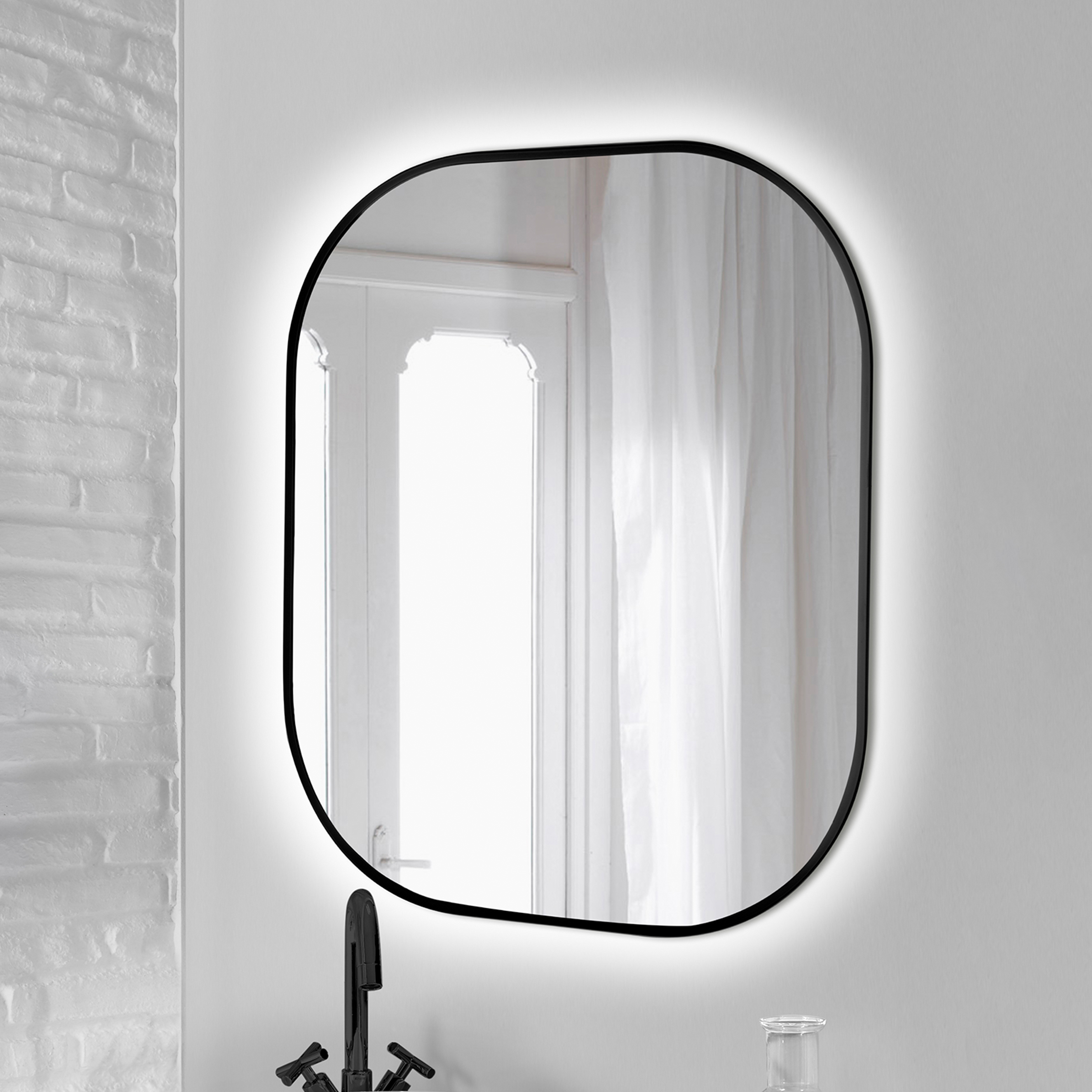  Miroir Cepheus avec eclairage decoratif a LED et cadre noir, arrondi rectangulaire 600 x 800 mm, AC 230V 50Hz, 12 W, Aluminium et Verre