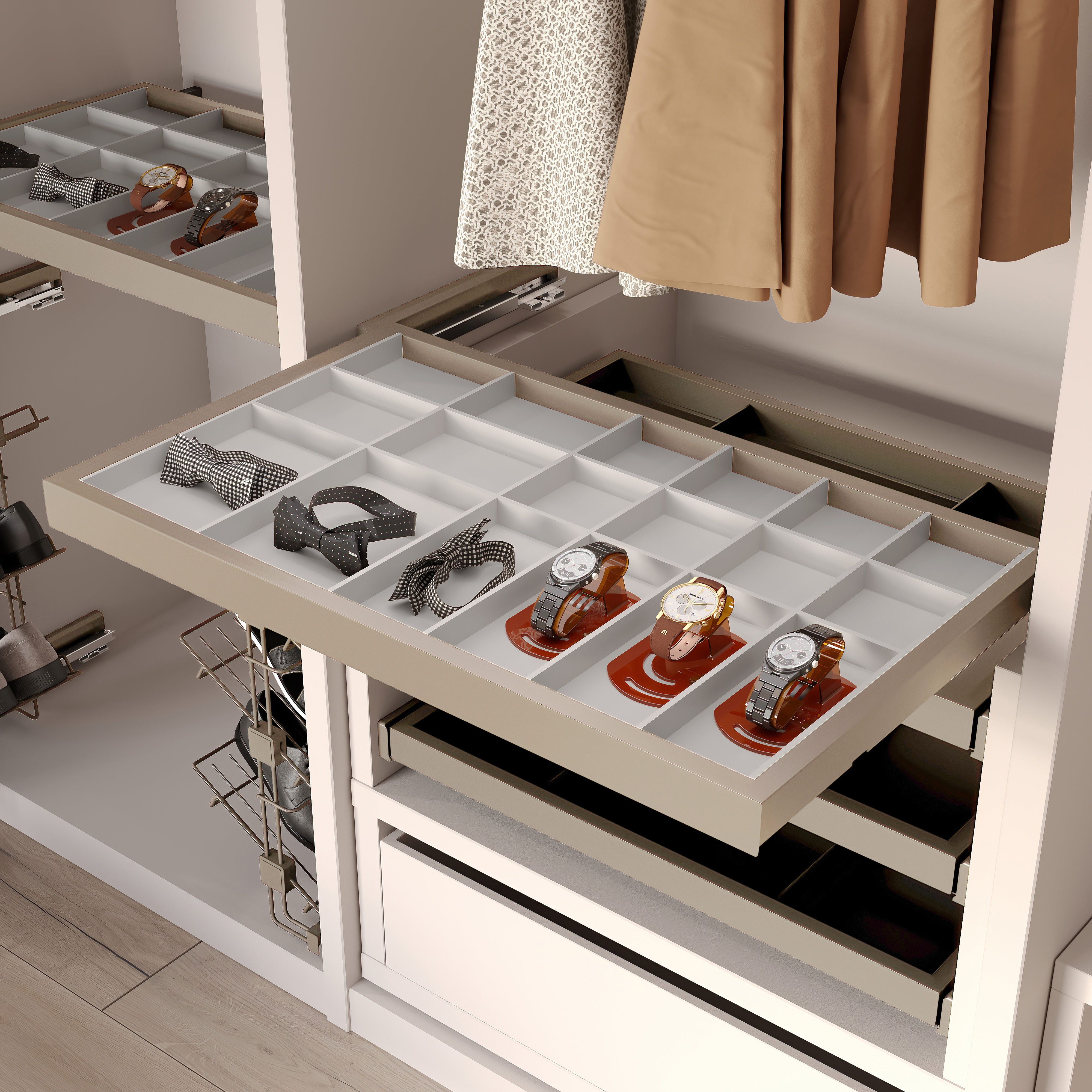  Kit de tiroir d'organisation avec glissieres a fermeture douce pour armoire, reglable, module 600mm, gris pierre