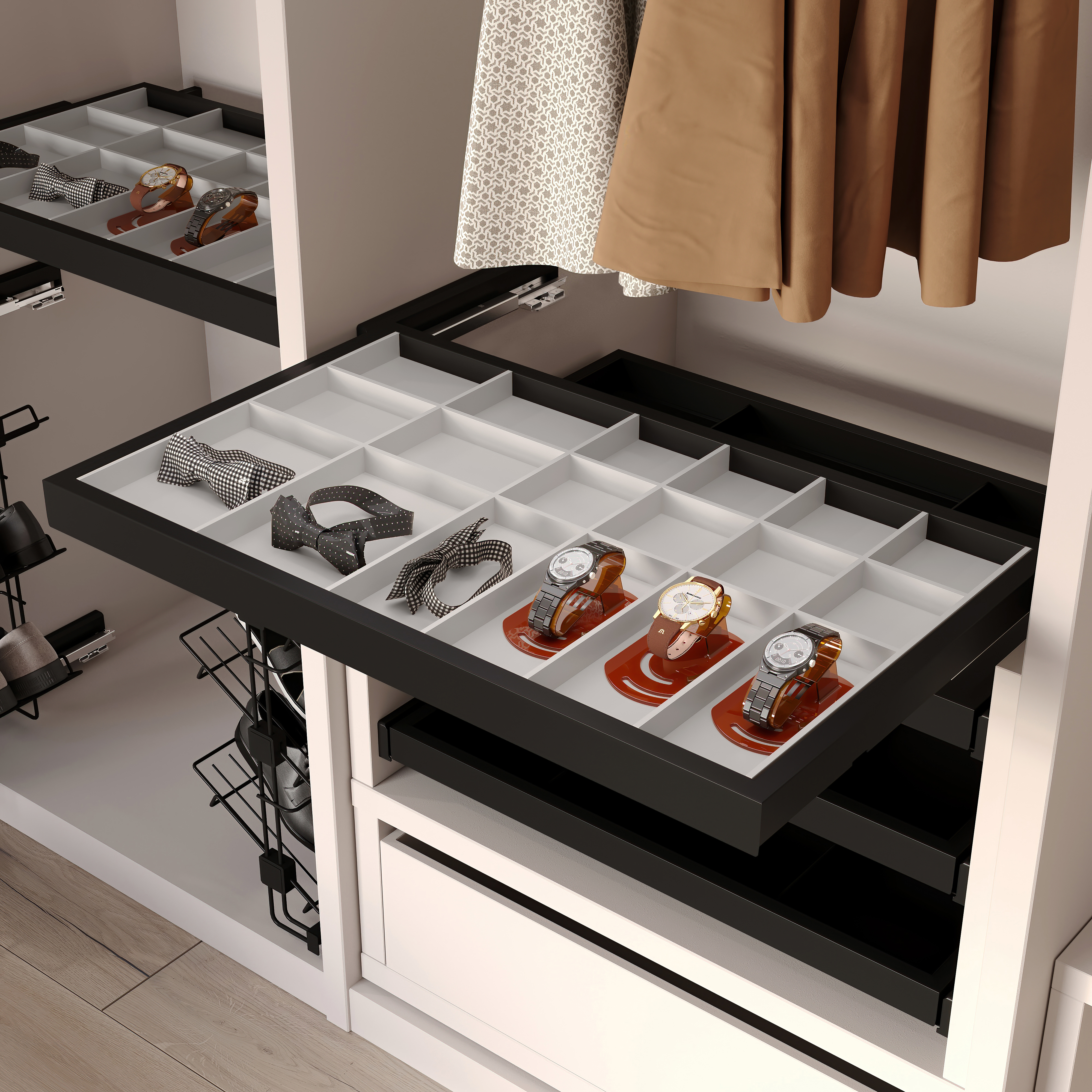  Kit de tiroir d'organisation avec glissieres a fermeture douce pour armoire, reglable, module 600mm, noir texture et gris pierre