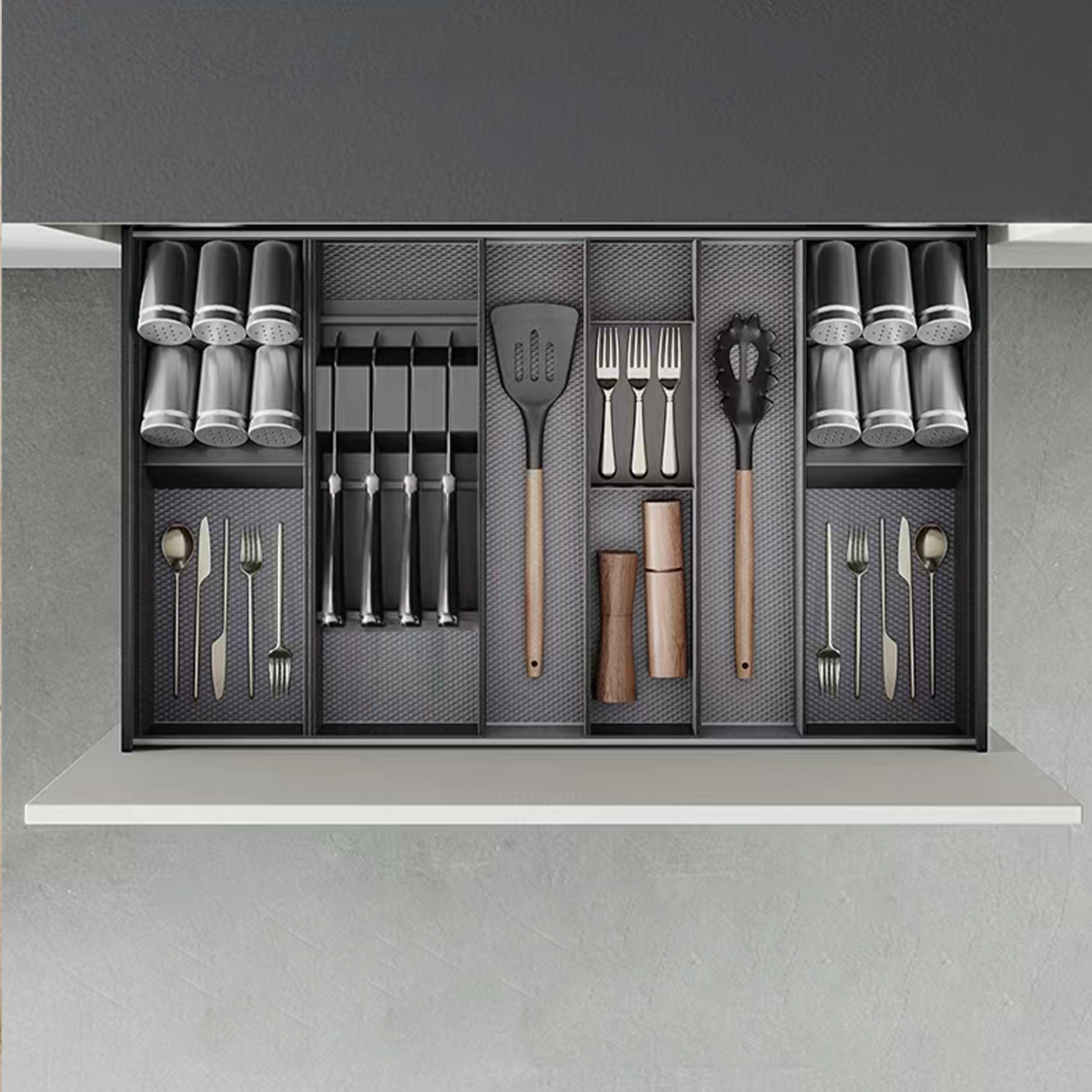  Porte-couteaux Orderbox pour tiroir, 150x470 mm, Gris anthracite, Acier et Bois